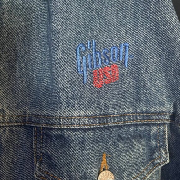 VTG 90s Gibson Guitar Men's Large Embroidered Blue Trucker Denim Jacket USA - Picture 3 of 16